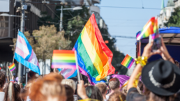 crowd waving Pride flags